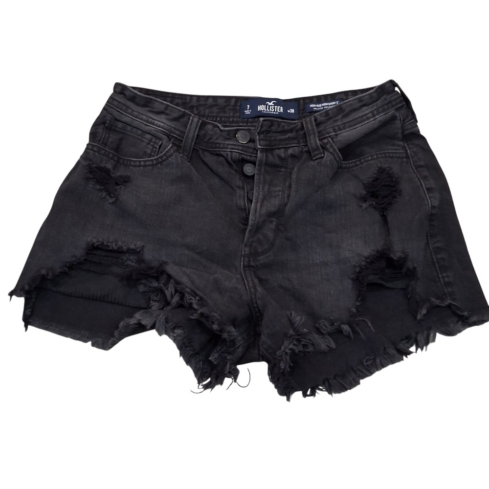 Hollister High-Rise Mom Shorts Black Distressed Button Fly Size 7 W28 3" Inseam